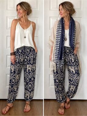 Navy Elephant Print Relaxed Harem Joggers with Reversible Scarf